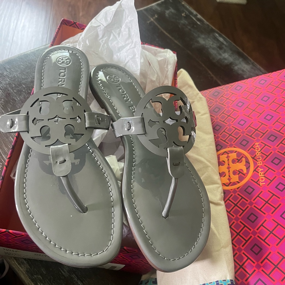 Tory Burch Gray Miller Sandals with Iconic Logo